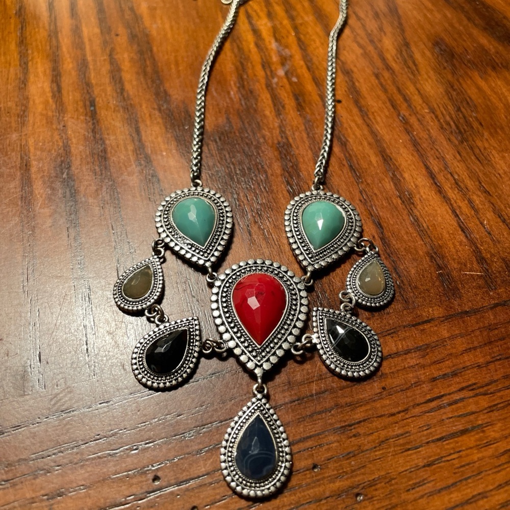Vintage Silver Finish Genuine Multi Teardrop Faux Stones Necklace